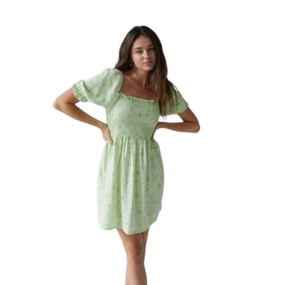 Elodie Light Green Floral Smocked Puff Sleeve Cottagecore Mini Dress Size